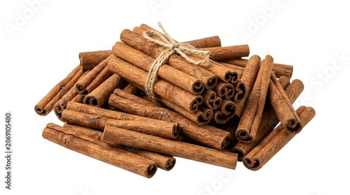 A pile of cinnamon sticks tied together with twine, ready for culinary use