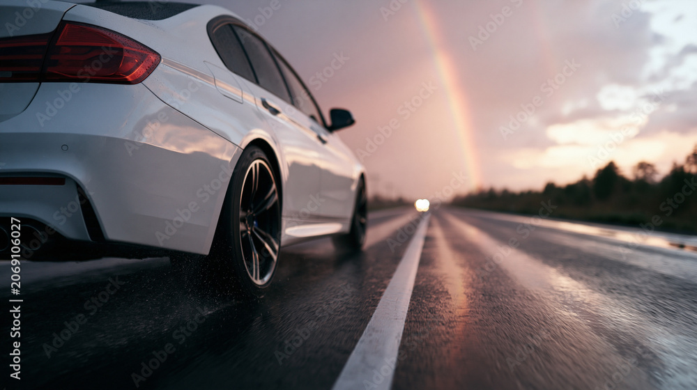 Fototapeta premium Sleek silver car races down a winding road at sunset