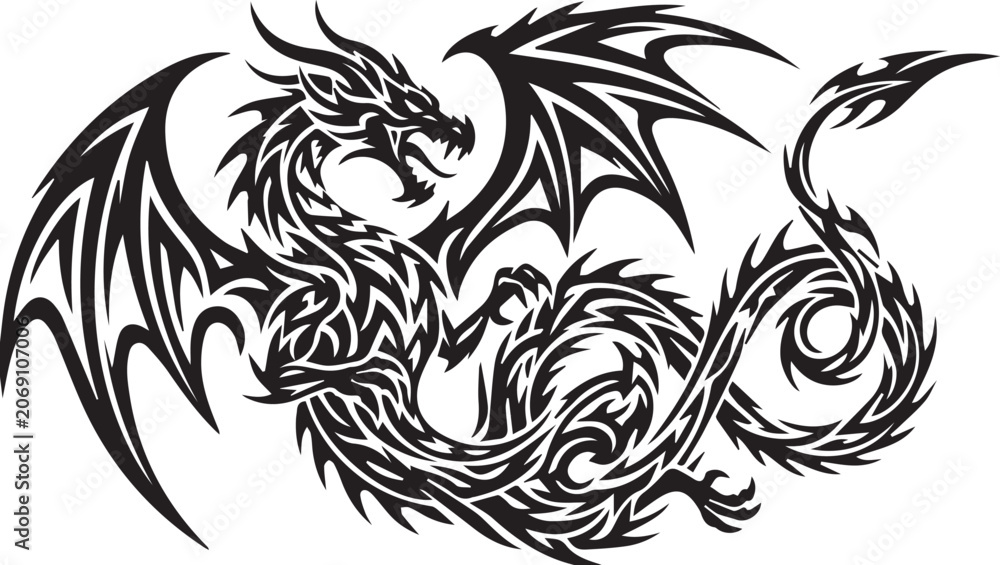 Obraz premium Black Tribal Dragon Illustration for Intricate Tattoo Design Concept
