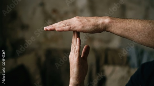 Closeup of a person making a timeout gesture with their hands.