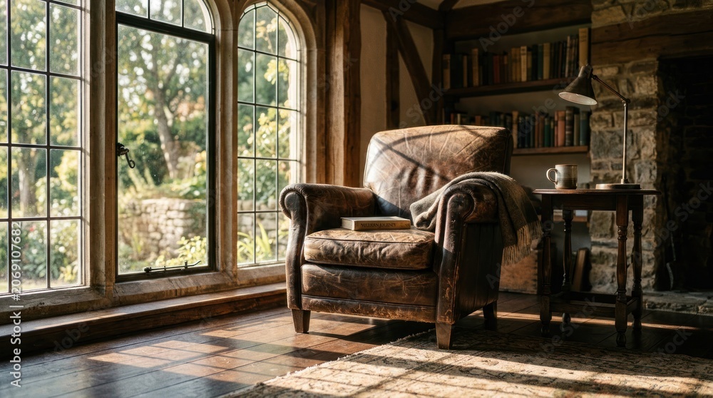 Obraz premium Cozy Armchair by Large Gothic Window with Sunlight Streaming In.