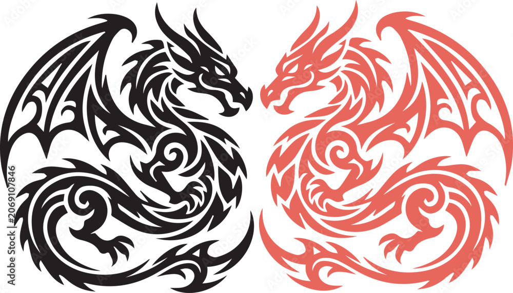 Fototapeta premium Tribal Dragon Vector Set Black and Red Mythical Creatures Illustration