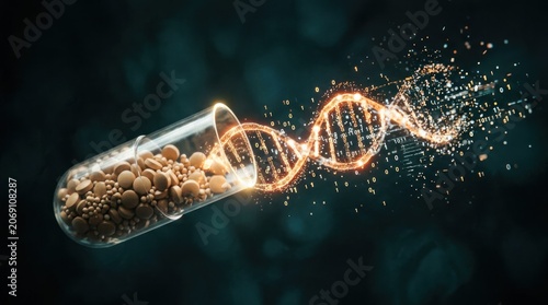 DNA Helix Emerging from Test Tube with Particles.