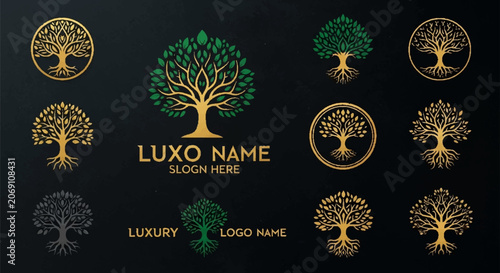 Luxury Tree Logo Set: Golden, Green, and Black Design Elements