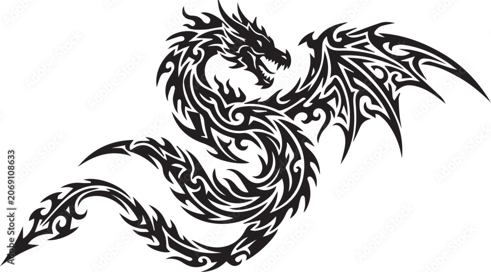 Fototapeta premium Tribal Dragon Vector Art Black Silhouette Icon Design Illustration