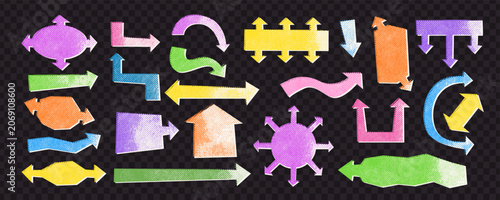 Set of arrows with place for text. Paper cut arrows with noisy grainy twxture. Risograph print arrow. 
