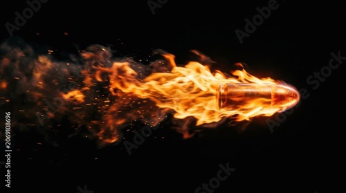 Fiery Bullet in Motion with Smoke Trails Against Black Background.