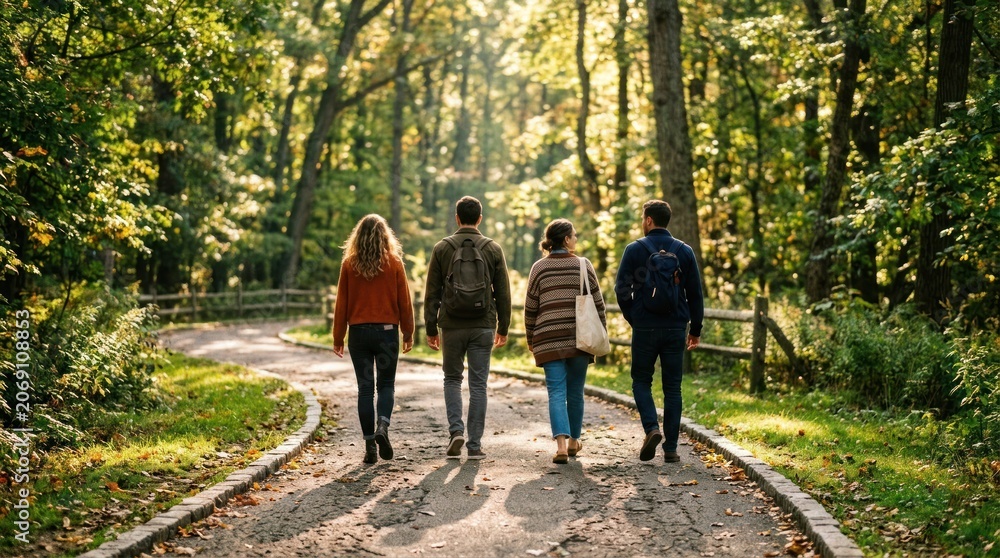 Obraz premium Four friends walking on a sundappled forest path during autumn.