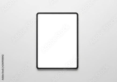 Sleek modern digital tablet with a blank glowing white screen placed centrally on a seamless white background for creative design mockups, internet, contemporary, technology