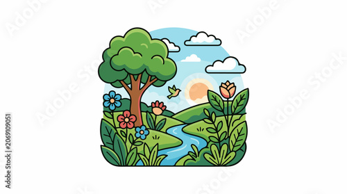 A serene landscape with a tree, flowers, and a stream under a sunny sky (1)