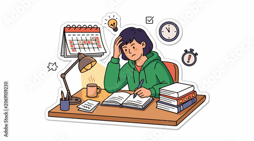 A student studying with books, calendar, and clock