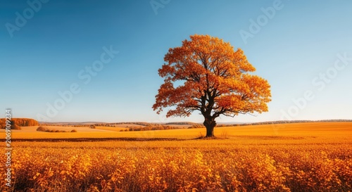 Vibrant orange and golden hues spread across sprawling rural fields, bathed in the brilliant light of a clear blue sky during autumn season, vista, background, glowing