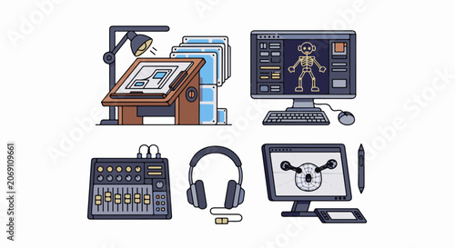 An illustration of various creative tools and equipment for design and music production