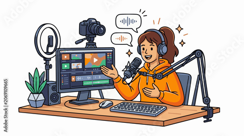 A woman wearing headphones speaks into a microphone while looking at a computer screen with a video editing software