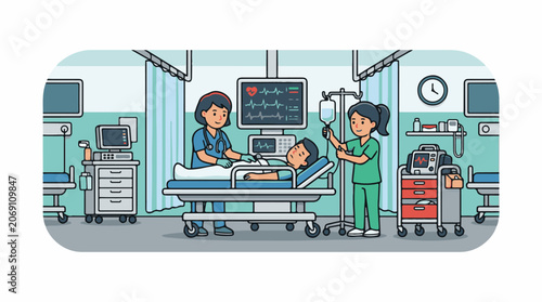 Hospital room with two nurses and a patient on the bed