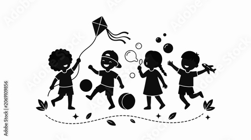 Four children playing with toys outdoors