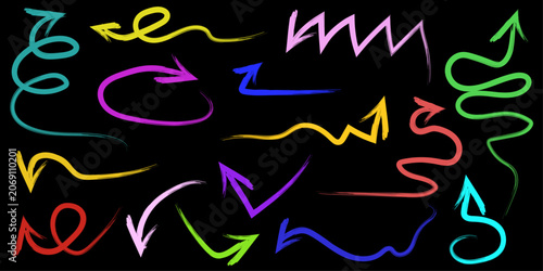 Arrow pencil color crayon brush set. Hand drawn arrow line chalk sketch doodle scribble crayon charcoal texture. Colorful school chalkboard note check up curve wave childish. Vector illustration