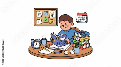 A boy studies at a cluttered desk with books, papers, and stationery