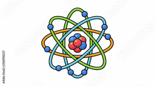 A cartoon atom model with colored orbitals and electrons