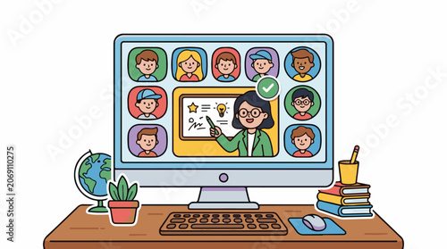 A cartoon computer on a desk displays a teacher and students in a virtual classroom