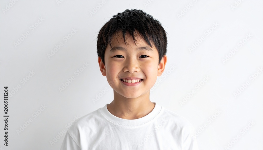 Naklejka premium 白い背景で幸せそうに笑う10歳くらいの日本人の男の子のポートレート（子供・明るい笑顔）, Portrait of a happy smiling Japanese boy 