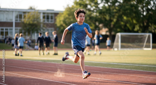 School sports day. Boy running track at outdoor campus stadium during physical education photo