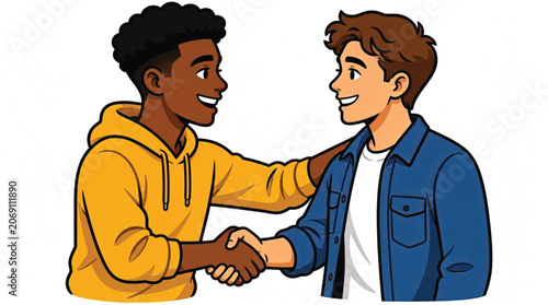 Two men shaking hands smiling.