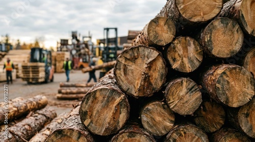 Stack of freshly cut timber logs at a lumberyard with forklifts and workers in the background.