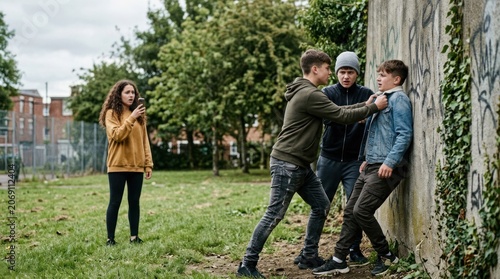 Teenage boys bullying another boy against a wall while a girl watches.