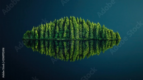 Dark green forest mirrored in lake, dramatic peaks rising sharply beyond