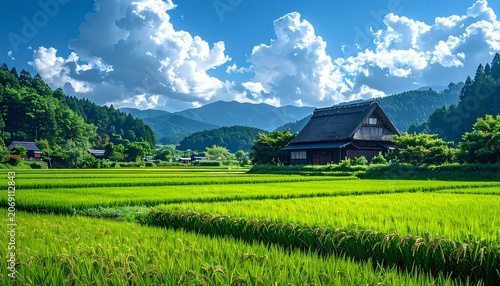 Obraz na płótnie 青空と入道雲の下に広がる日本の田園風景と茅葺き屋根の農家