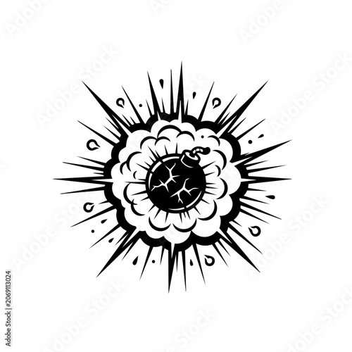 Photos Exploding bomb silhouette with radiating shockwaves on a white background explos