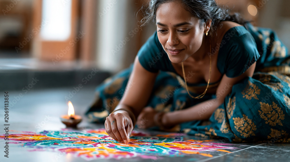 Fototapeta premium Realistic commercial stock photo of a young South Indian Tamil woman in her late twenties sitting cross-legged on the floor of a clean modern Chennai apartment, carefully creating
