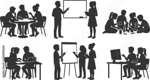 Fotografie Students and teachers in classroom activities set featuring group work and prese