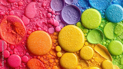 Vivid, multicolored liquid spheres form a detailed macro background transitioning across the spectrum.