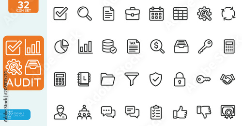 Audit Vector illustration line editable Icons set. Assessment, calculator, check mark, auditing, inspection, investment, calculation, analytics, collection. on white background.