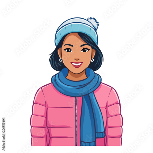 Woman in pink puffer jacket and blue winter accessories