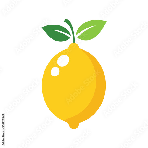Yellow Lemon with Green Leaves Flat Vector Icon