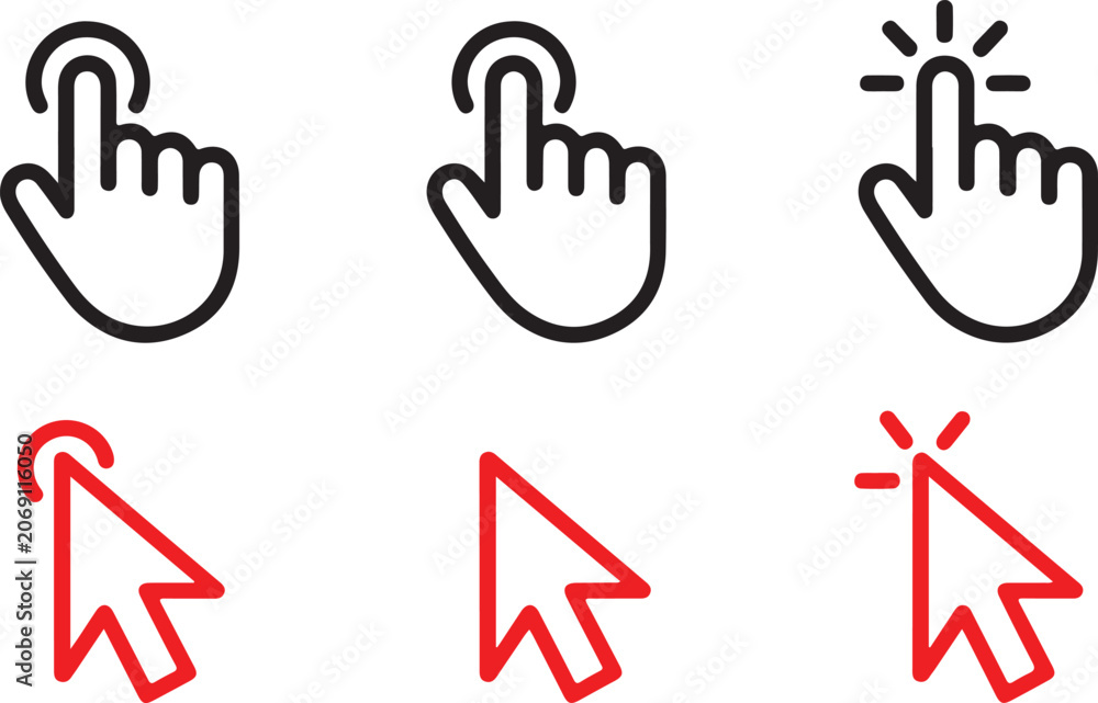Fototapeta premium Set of diverse clicking cursor icons representing interaction and selection for modern user interfaces