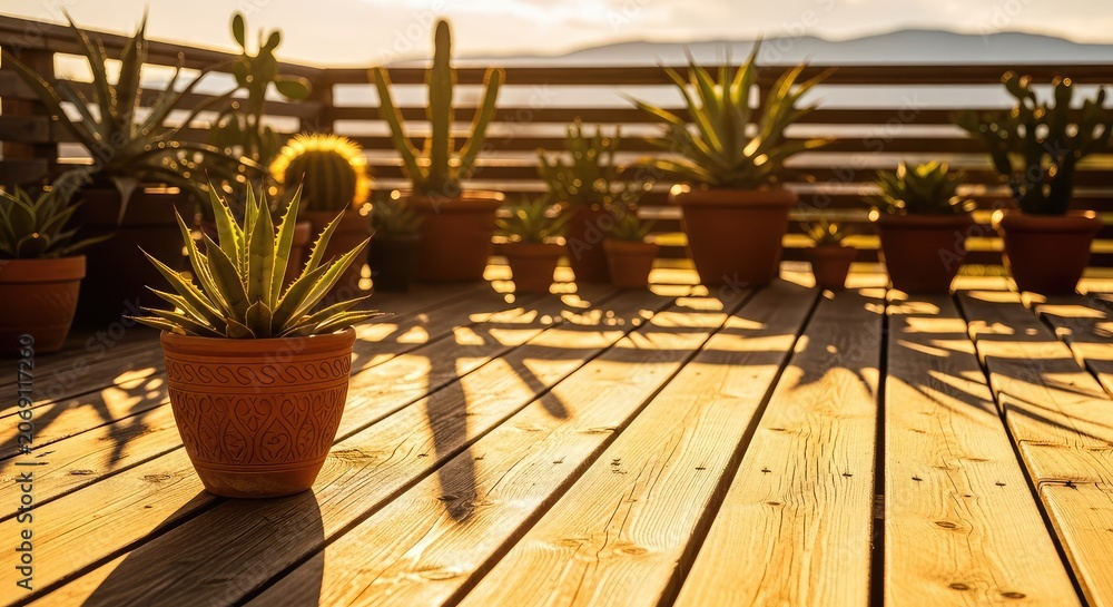 Fototapeta premium Intense golden sunlight bathes a rustic wooden terrace under a sweltering sky, showing sharp shadows of potted plants and parched air, temperature, atmosphere, vivid