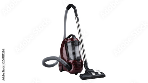 Isolated modern maroon bagless canister vacuum cleaner household appliance for home cleaning