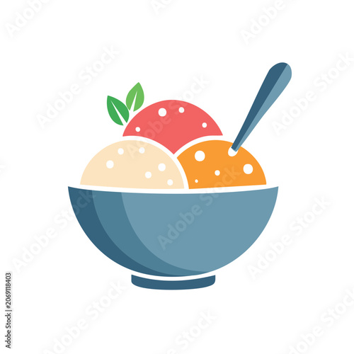 Flat illustration of ice cream in a bowl with spoon