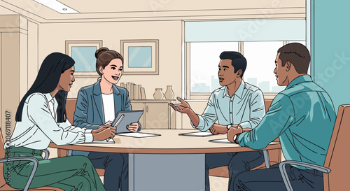 Foto Business meeting vector illustration of a diverse team collaborating around a co