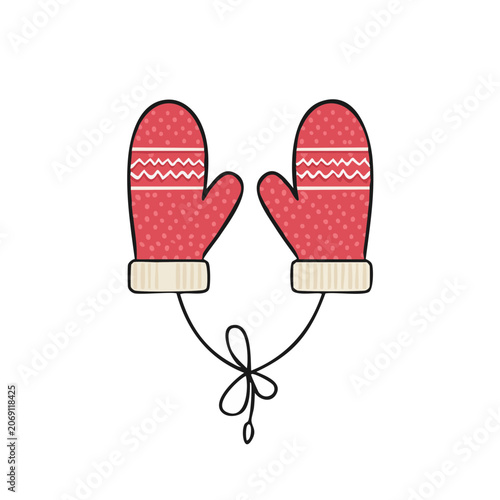 Flat illustration of red knitted mittens with string