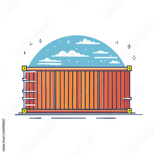 Orange Shipping Container Flat Vector Illustration