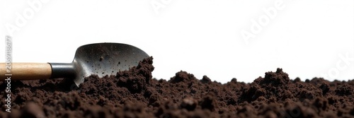Shovel, hand rake, cultivator, nestled in fertile soil, pure white backdrop, garden, outdoor, hobby