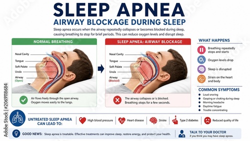 Sleep Apnea Infographic Comparing Normal Breathing and Airway Blockage