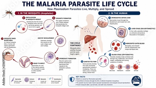 Comprehensive Malaria Parasite Life Cycle Infographic: Human and Mosquito Plasmodium Stages