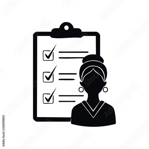 Clipboard with checklist and woman silhouette vector icon