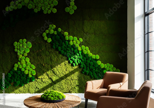 Organic fresh greenery living or office spaces, wall with decorative moss armchairs and table. Generic concept image of decorative moss that is used for interior design